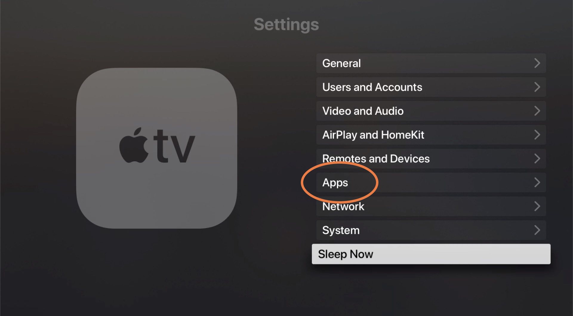 Apple TV Ayarlarında Uygulamalar'ı seçin.