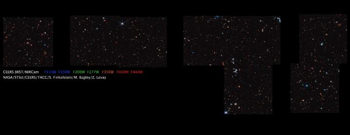 Esta imagem - um mosaico de 690 quadros individuais tirados com a Near Infrared Camera (NIRCam) no Telescópio Espacial James Webb - cobre uma área do céu cerca de oito vezes maior que a primeira imagem de campo profundo de Webb lançada em 12 de julho. do céu perto da alça da Ursa Maior.  Esta é uma das primeiras imagens obtidas pela colaboração Cosmic Evolution Early Release Science Survey (CEERS). 