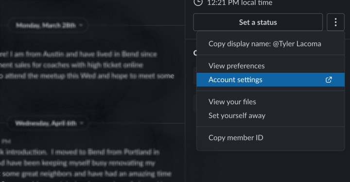 Choose Account Settings in Slack.