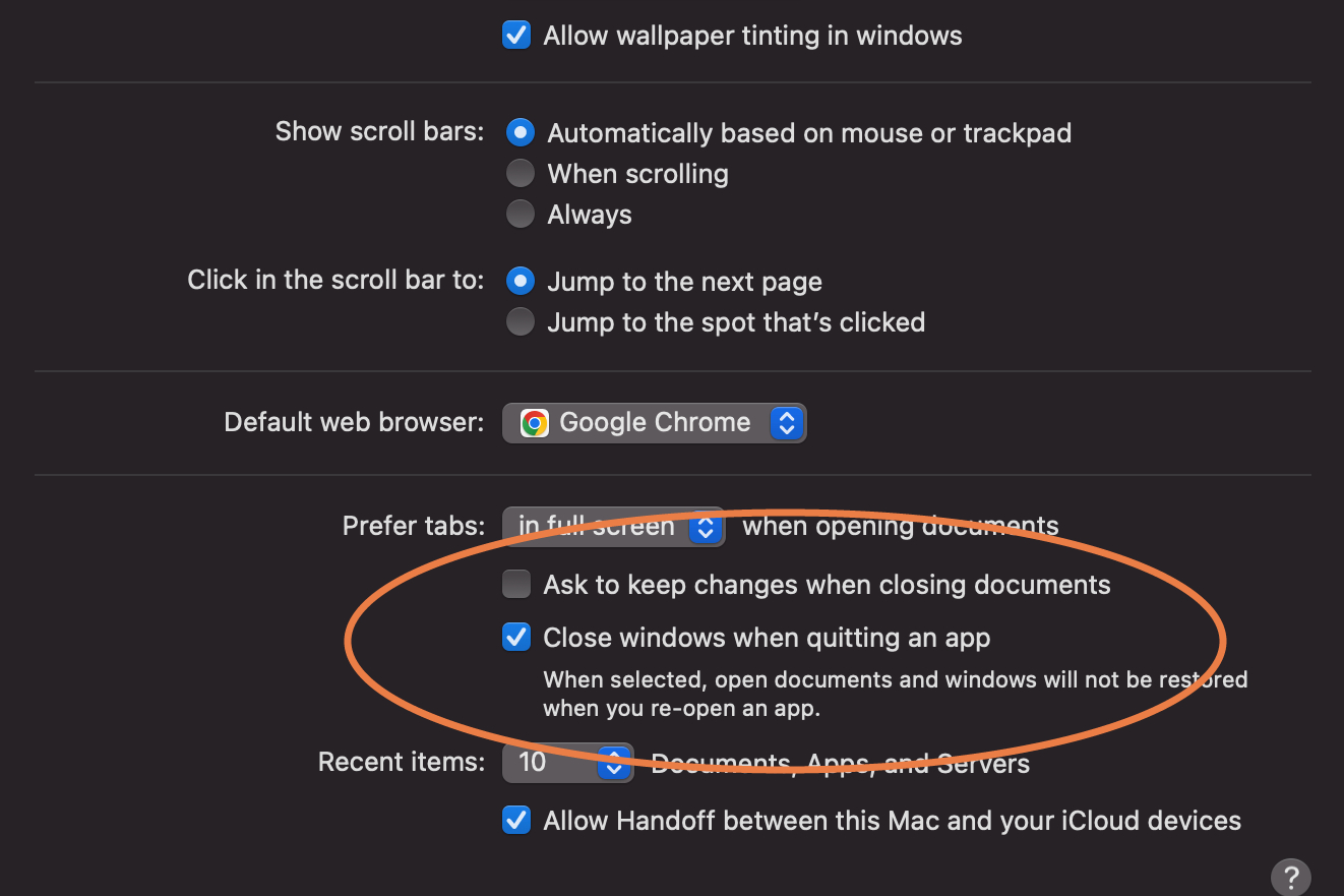 Feche a opção Windows Automaticamente no Mac.