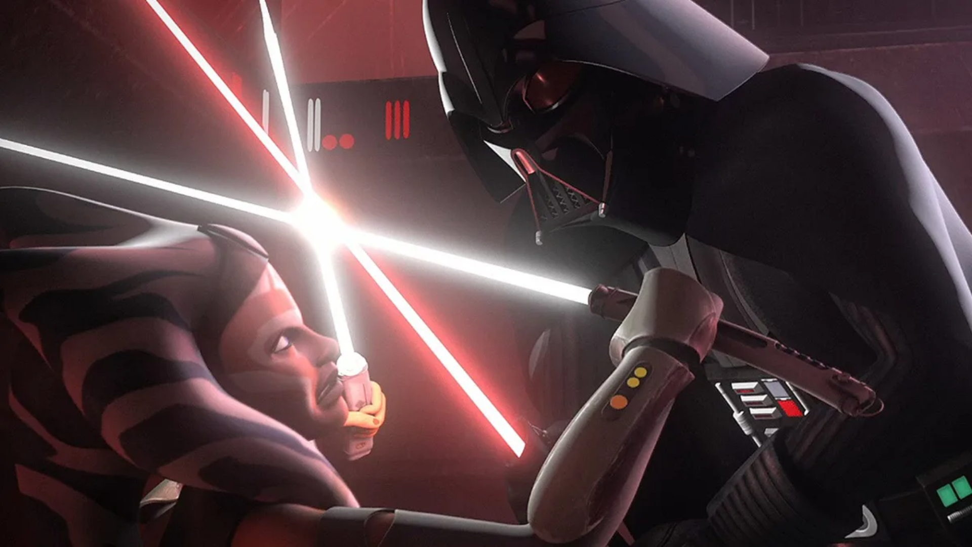 Ahsoka e Darth Vader duelando em "Star Wars: Rebels".