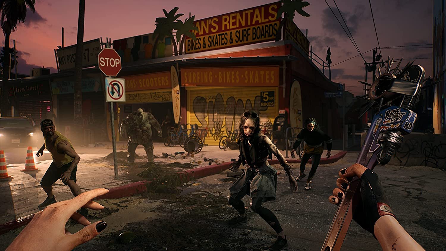 Captura de tela de Dead Island 2 de zumbis ao redor do ponto de vista do personagem.