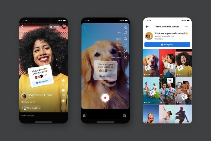Una serie de tres capturas de pantalla móviles sobre un fondo gris que muestra la nueva etiqueta Add Yours para Facebook Reels.