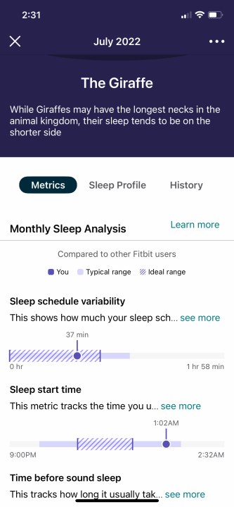 Uma captura de tela do recurso Perfis de sono do Fitbit.