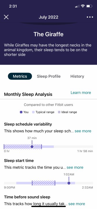 Uno screenshot della funzione Profili del sonno di Fitbit.