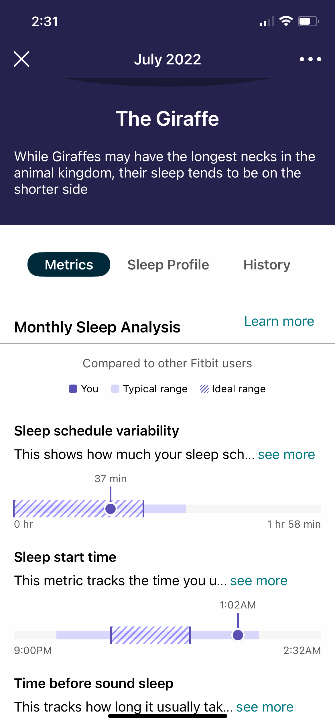 Uma captura de tela do recurso Perfis de sono do Fitbit.