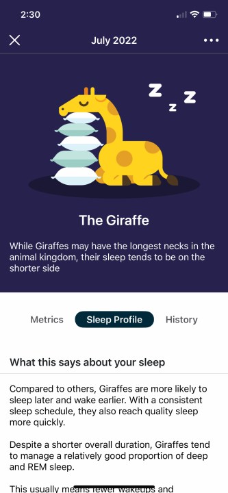 Uno screenshot della funzione Profili del sonno di Fitbit.