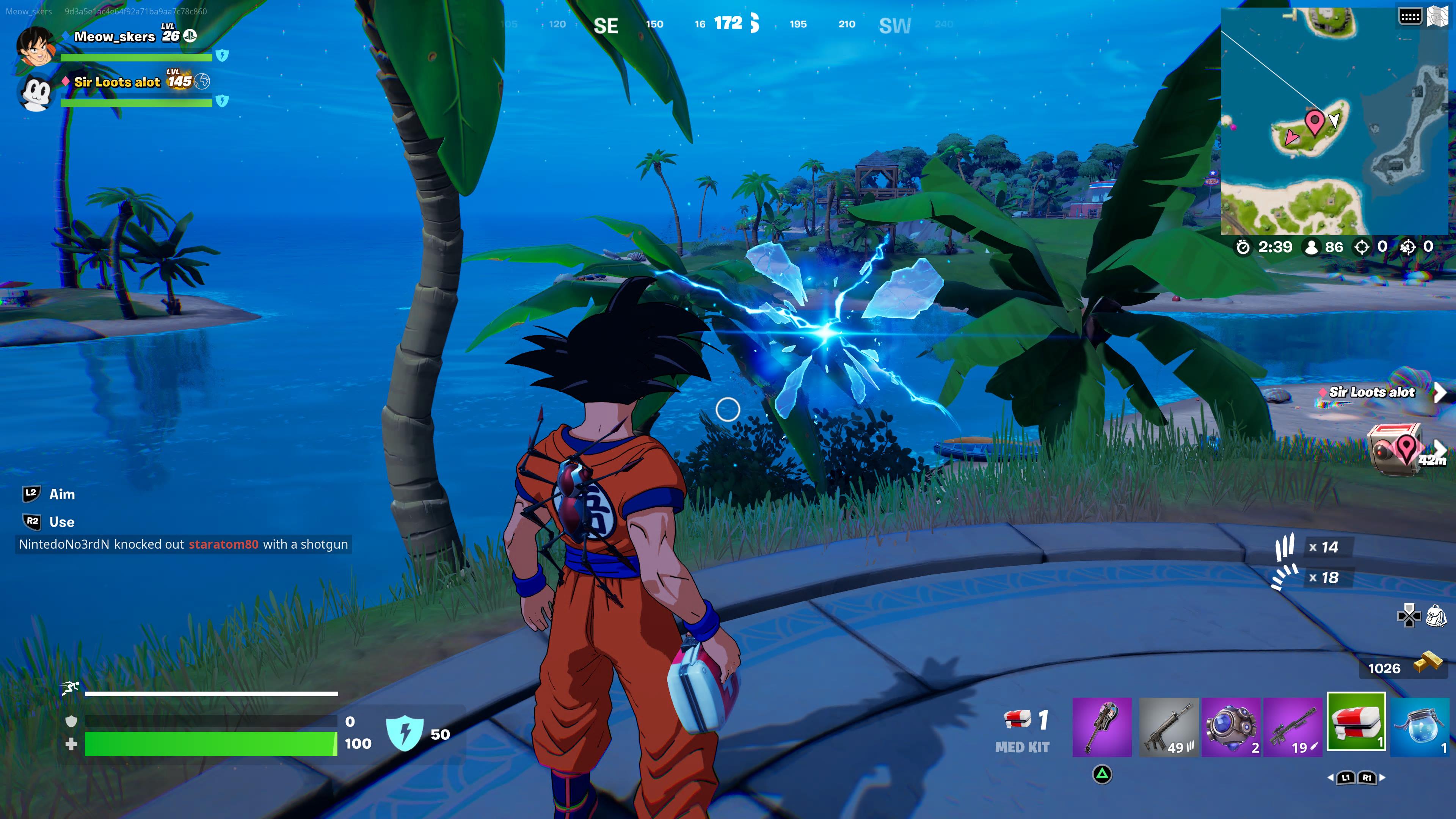 Goku en la isla en Fortnite.