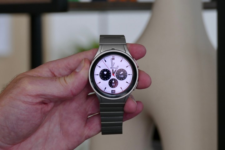 The Samsung Galaxy Watch 5 Pro with a metal strap.