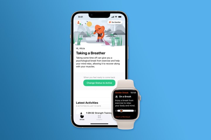 Um Apple Watch e um iPhone mostrando o aplicativo de treino Gentler Streaks em uso.