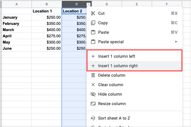Insert column right and left options in the Insert menu.