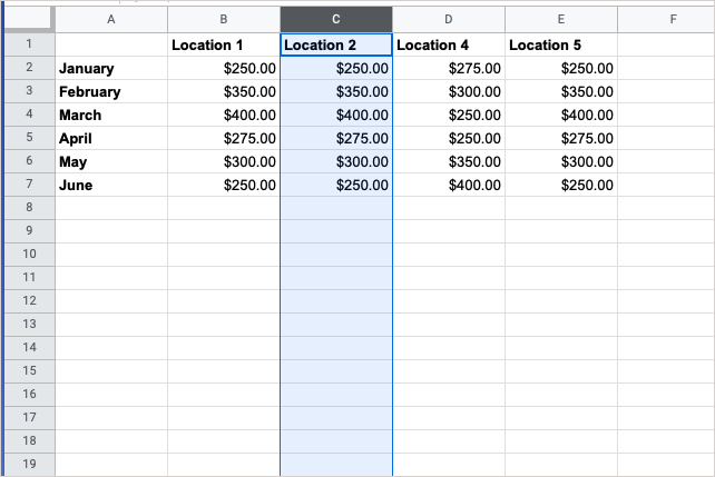 Column C selected in Google Sheets.