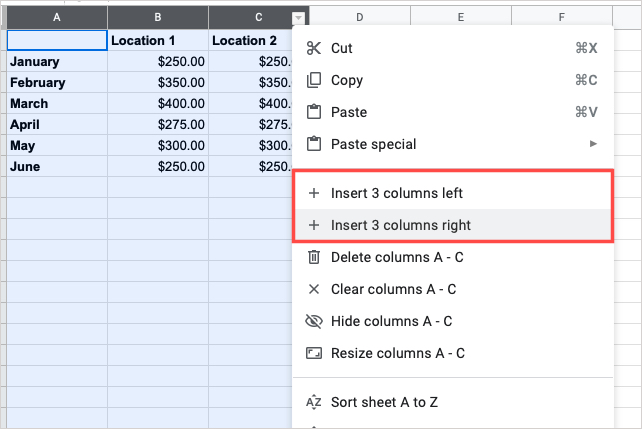Insert columns right and left options in the Insert menu.