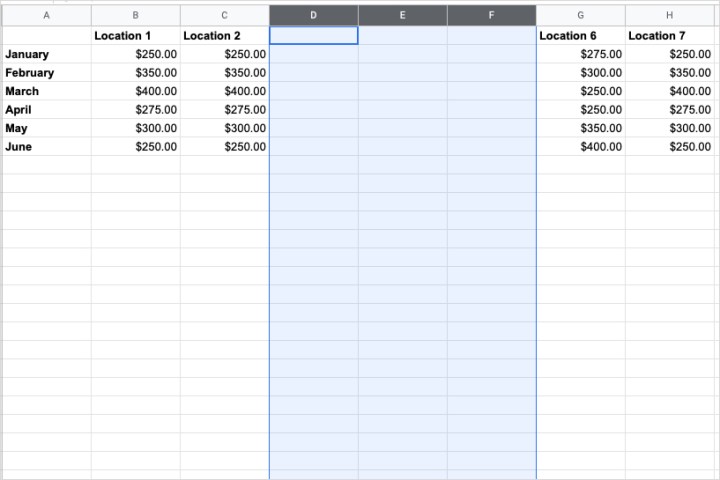 Three columns added in Google Sheets.