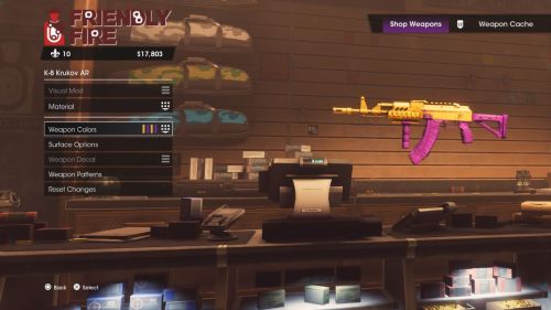 A player changing their gun color at Friendly Fire in Saints Row.