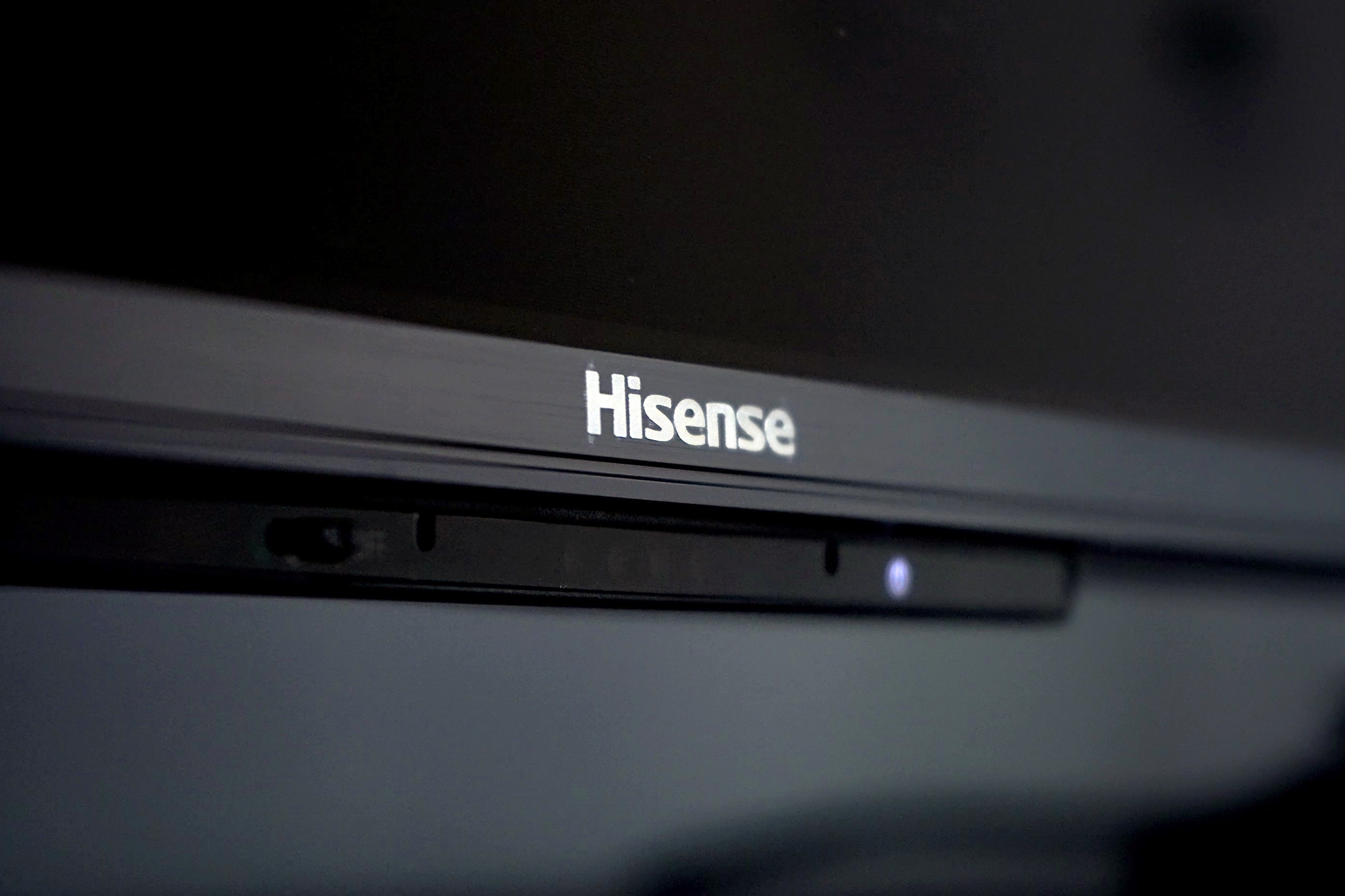 Close up of the brand name on the Hisense U8H 4K mini-LED TV.