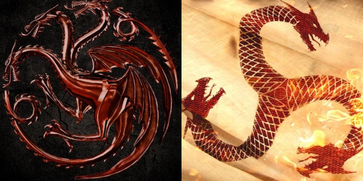 Imagem dividida do sigilo Tagaryen em House of the Dragon e Fire & Blood.