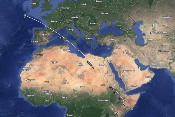 La ruta aproximada tomada por la ISS, desde el sur de Irlanda hasta el Cuerno de África a unas 4.300 millas de distancia.