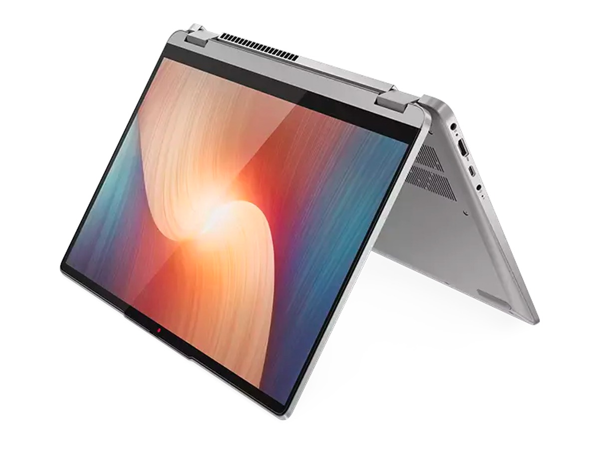 The Lenovo IdeaPad Flex 5 stands in tent mode on a white backdrop.