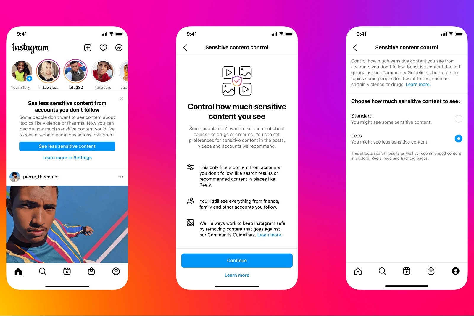 Три мобильных скриншота, показывающие настройки управления конфиденциальным контентом в Instagram.
