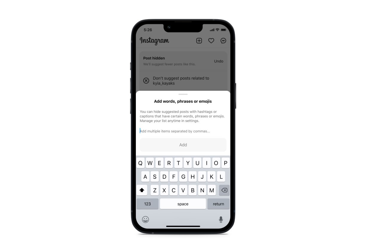 Recurso experimental do Instagram que permitiria aos usuários ocultar postagens sugeridas usando certas palavras, hashtags ou emojis.
