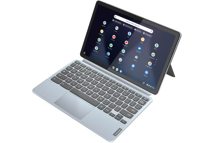 A Lenovo Chromebook Duet at an angle on a white background.