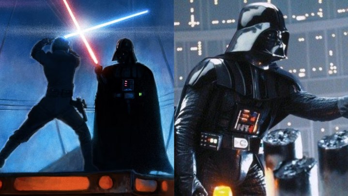Split image of Luke and Vader dueling on Bespin and Vader asking him to join the Dark Side.