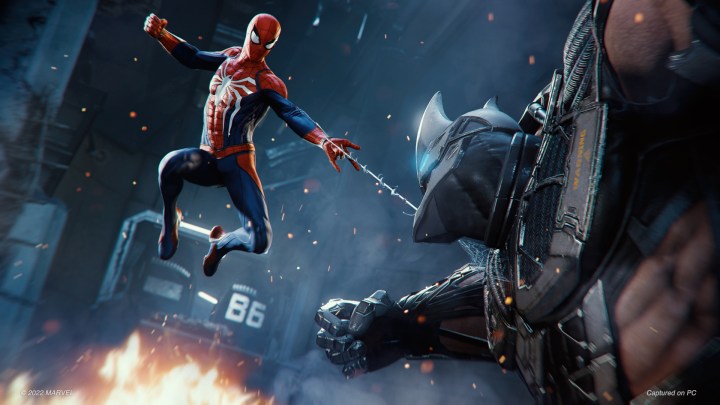 Spider-Man fights the Rhino in Marvel's Spider-Man.