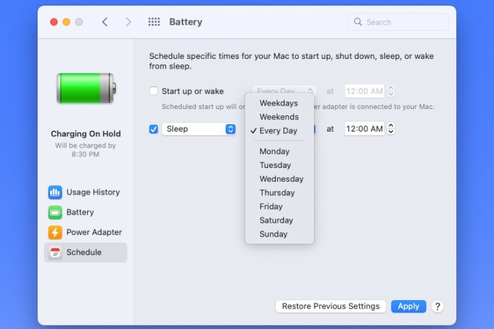 Choosing a day for the MacOS sleep setting.