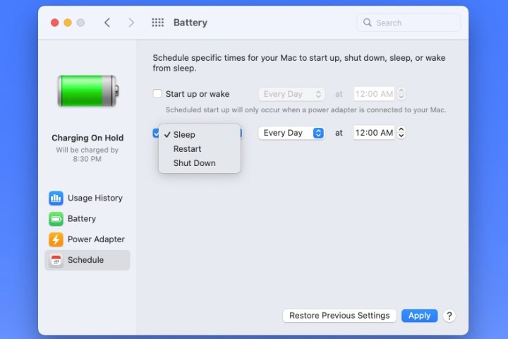 Sleep, restart or shutdown in MacOS battery settings.