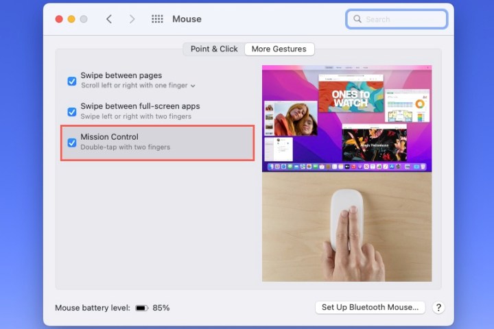 Mission Control access mouse setting on a Mac.