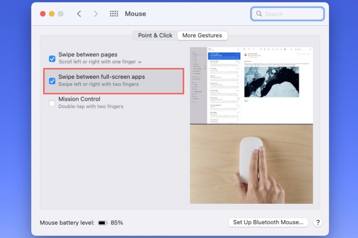 Swipe Between Full Screen Apps mouse setting on a Mac.