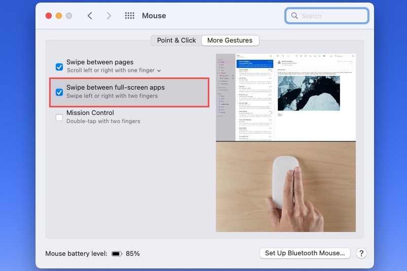 Swipe Between Full Screen Apps mouse setting on a Mac.