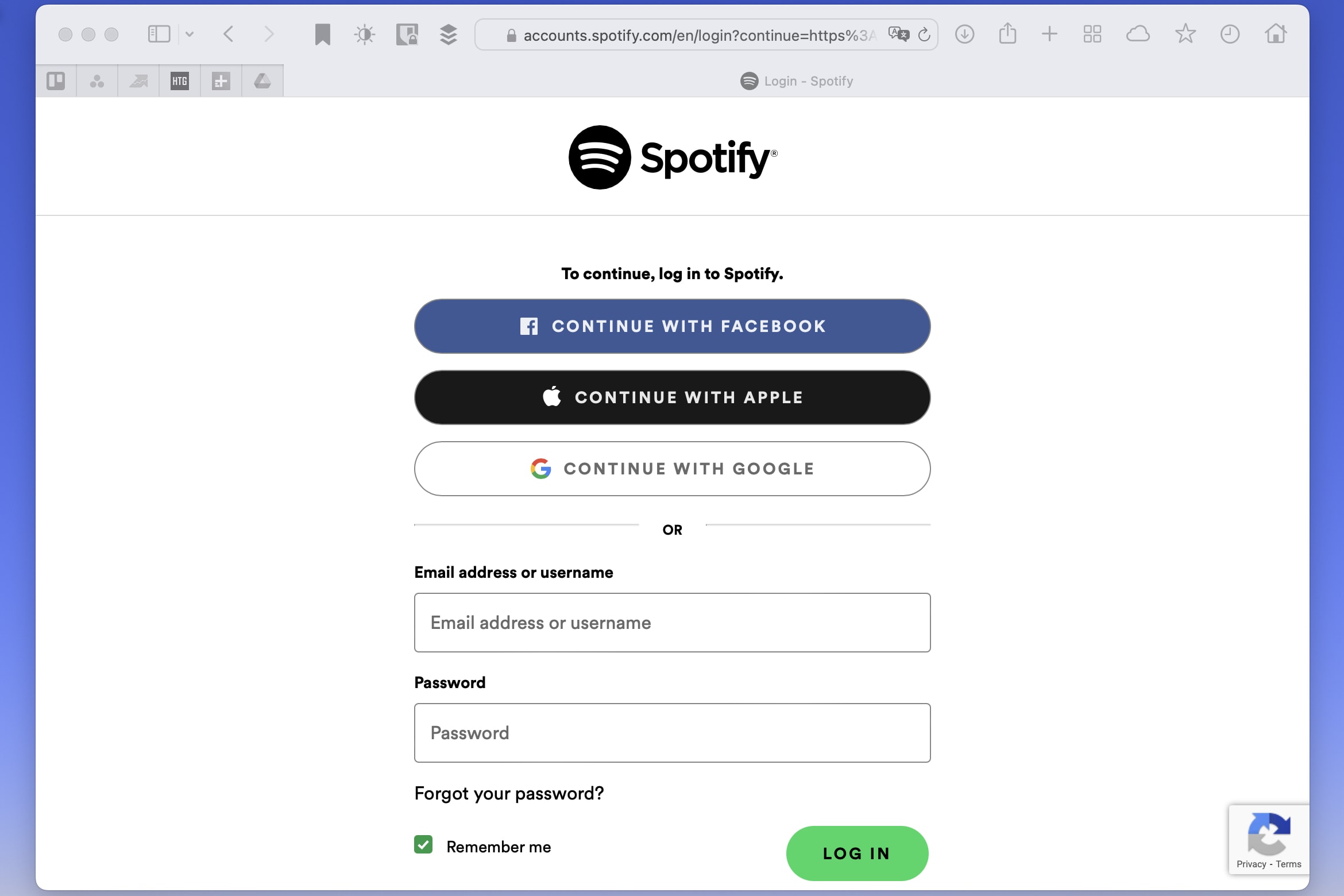 Opciones de inicio de sesión del reproductor web de Spotify.