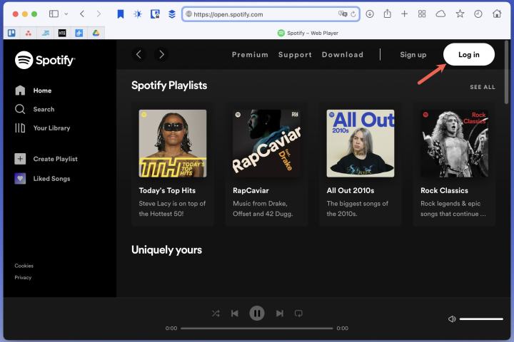 Tela de login do Spotify web player.