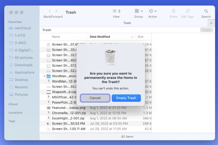 Confirmation message to empty the Trash on Mac.