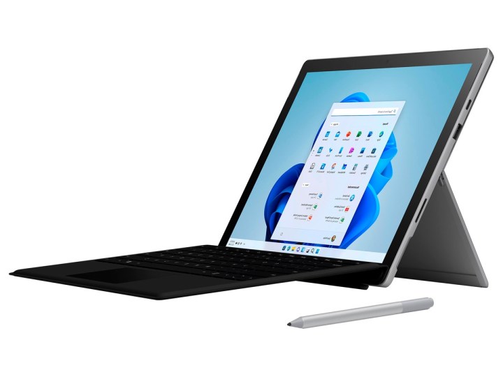 Side angle of the Microsoft Surface Pro 7+ against a white background.