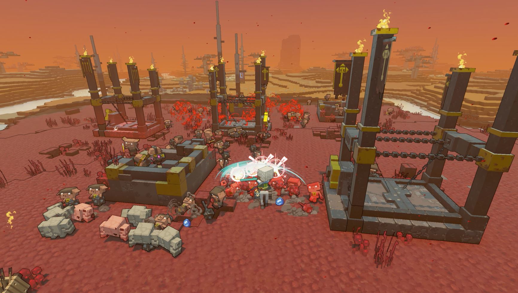 Esta captura de tela mostra o combate no Nether em Minecraft Legends.