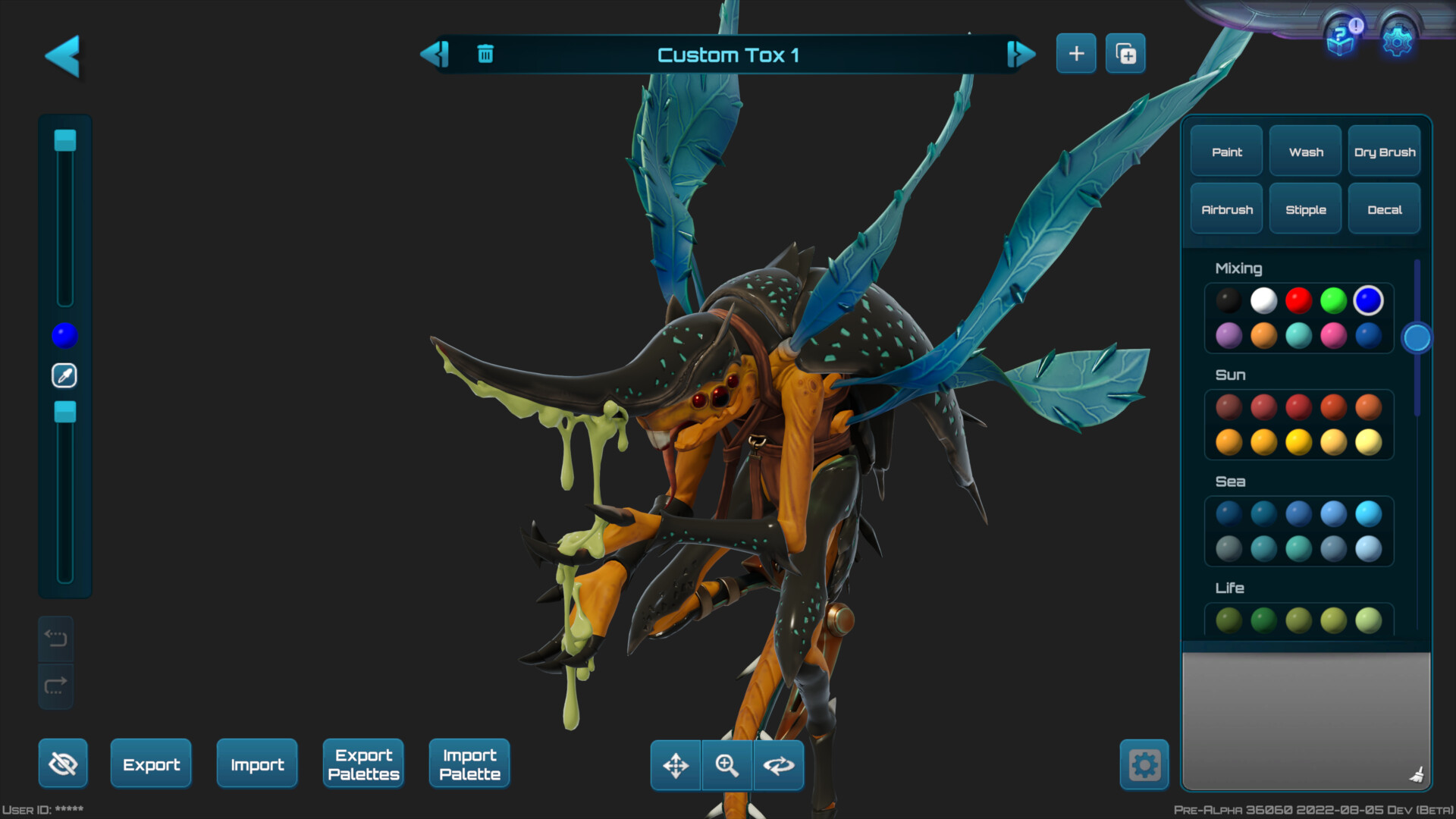 Um jogador pinta uma miniatura parecida com um inseto em Moonbreaker.