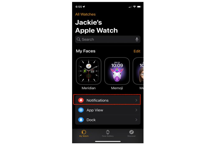 Apple Watch app notifications button.