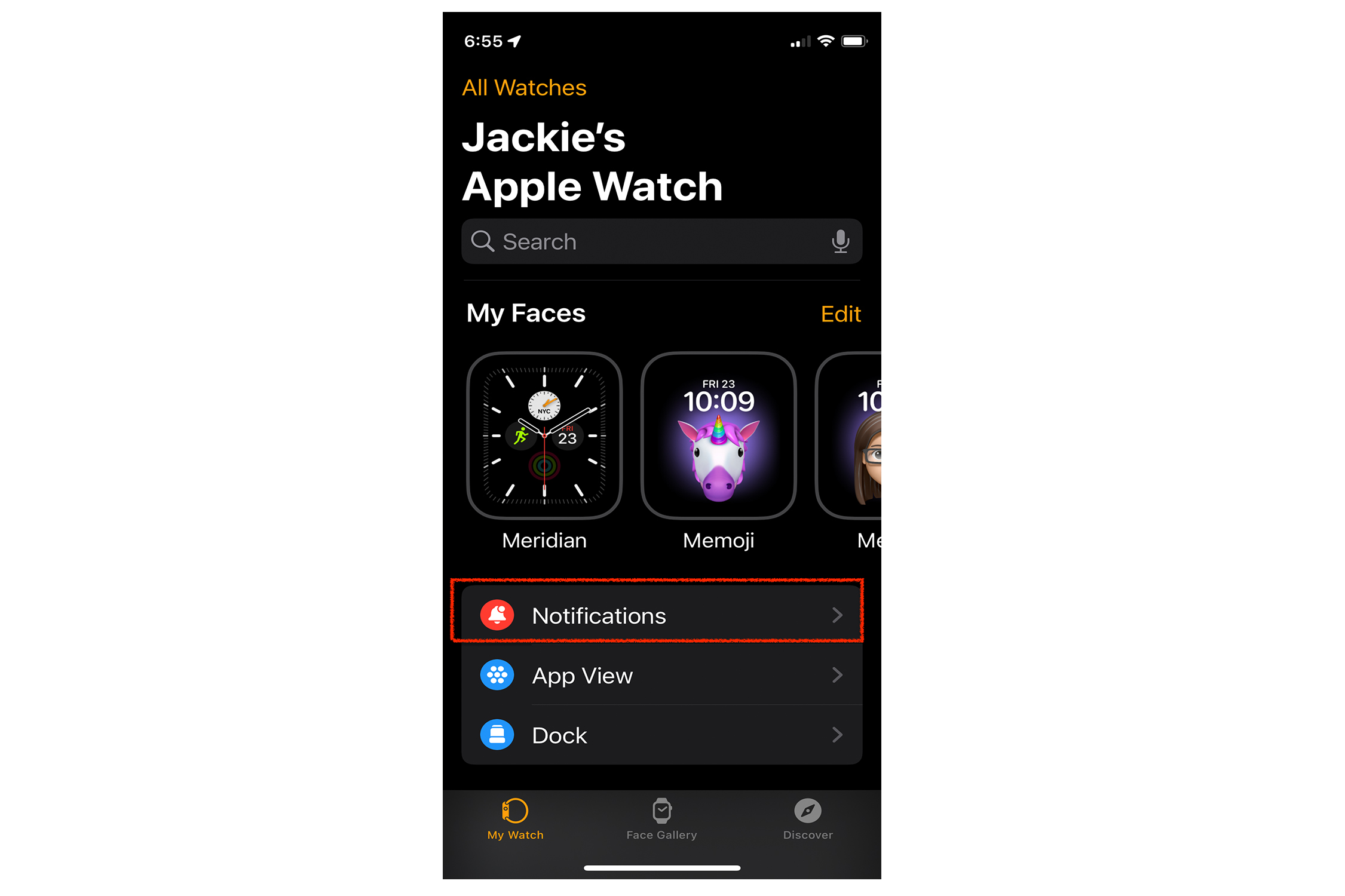 Botón de notificaciones de la aplicación Apple Watch.