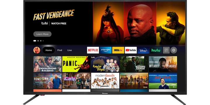 Pioneer 50-inch 4K Smart Fire TV on a white background displaying its smart TV interface.
