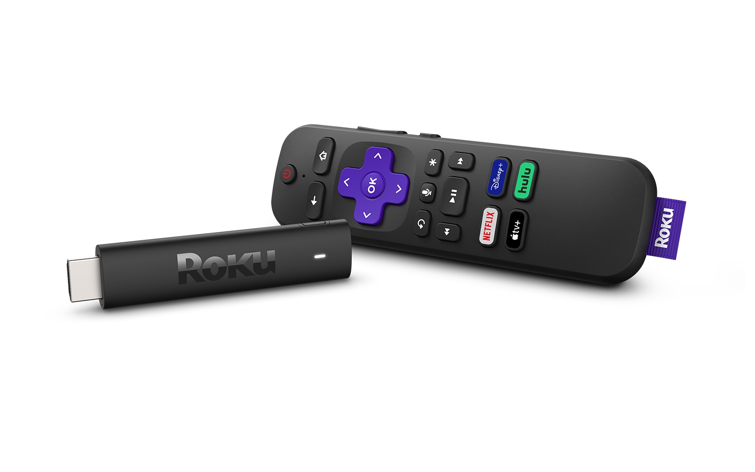 Roku Streaming Stick 4K com controle remoto.