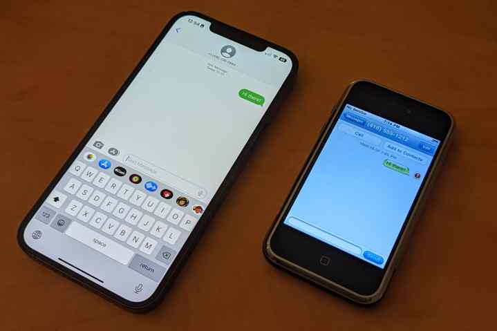 iPhone 12 Pro Max and first-generation 2007 iPhone SMS Messaging apps.