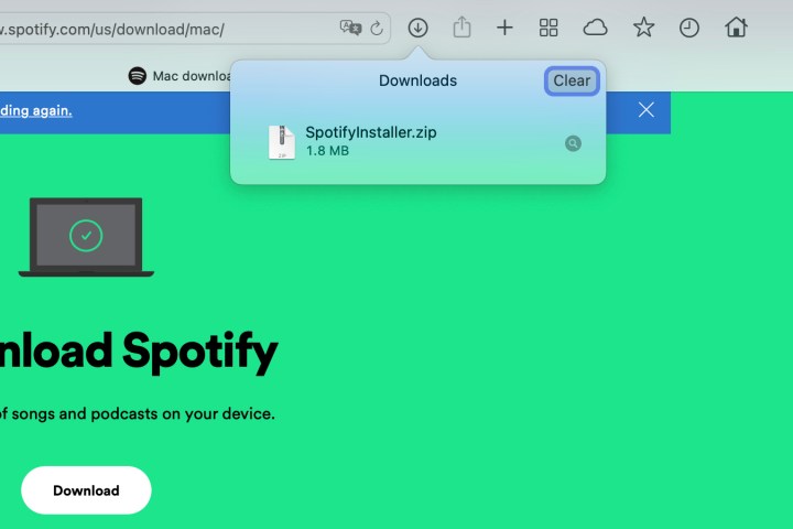 Spotify ZIP file in the Safari downloads folder.