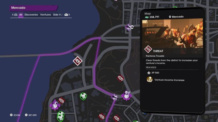 A threat location highlighted on the Saints Row map.