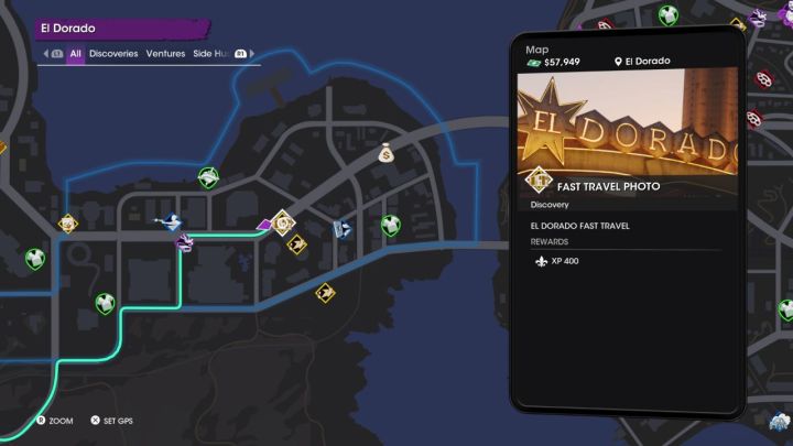 Fast travel spots highlighted on the Saints Row map.