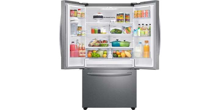 Samsung Large Capacity 3-Door French Door Refrigerator open to display its food contents.