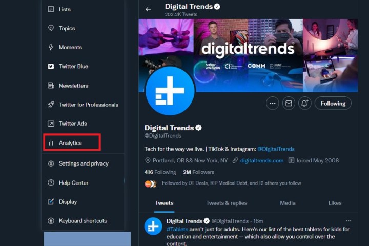 با انتخاب گزینه Analytics از منوی More on Twitter for desktop web.