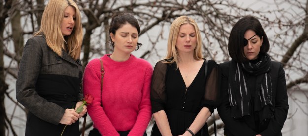 Sharon Horgan, Eve Hewson, Eva Birthistle, and Sarah Greene stand near a tree in Apple TV+'s Bad Sisters.